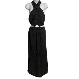 YFB Black Halter Maxi Dress Womens Small Semi Sheer Rayon Blend Crinkle Fabric